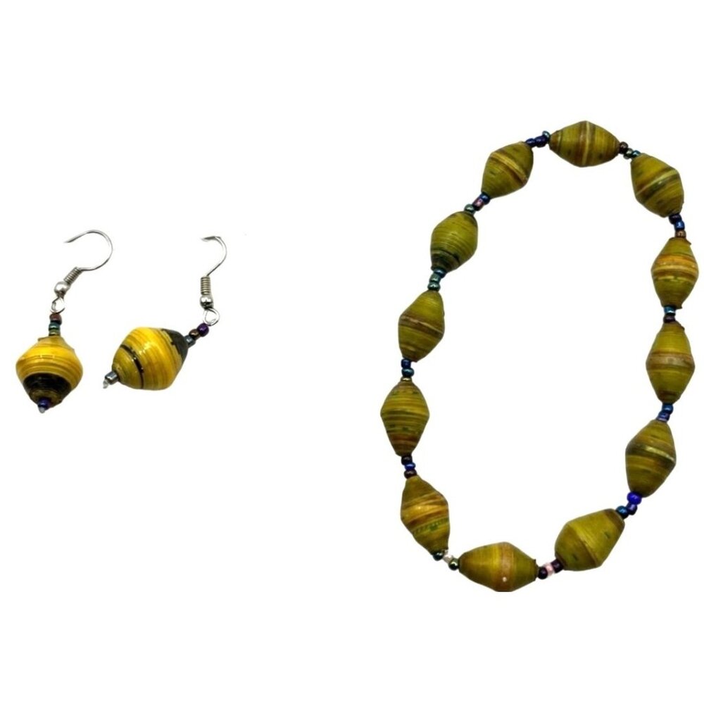 Handmade Yellow Paper Bead Bracelet & Earring Set With Accent Beads A38